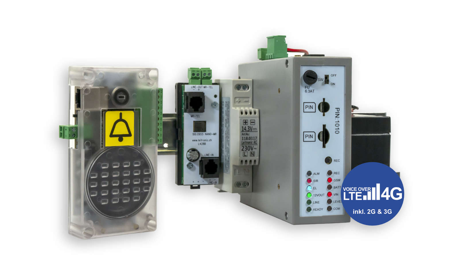 Leitronic System Nano. Einfach und schnell zu installierendes Aufzugsnotrufsystem. Belegt nur 2 Adern des Hängekabels.
Erfüllt die Normen EN81-28 und EN81-70. 4G und VoLTE integriert.